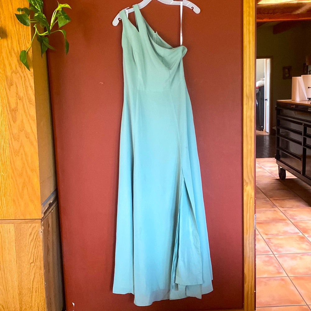 David’s Bridal Chiffon One Shoulder Cutout Bridesmaid Dress, Dusty Sage, Size 6